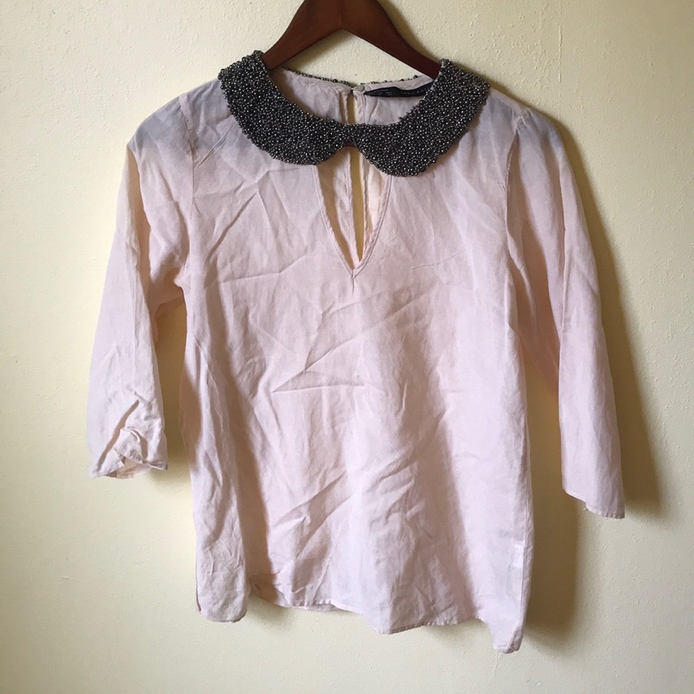 Zara pale pink beaded collar blouse